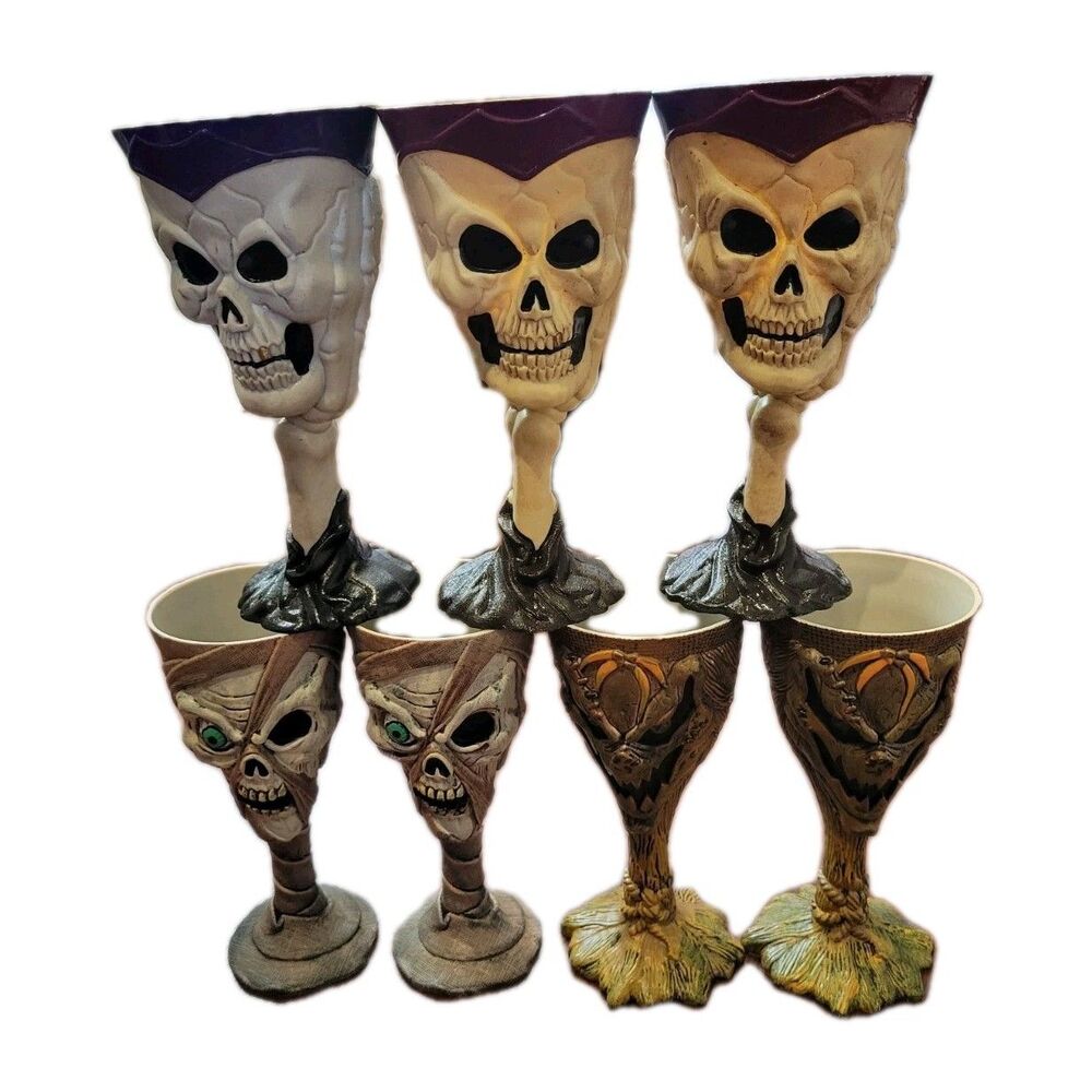 Vintage Halloween Plastic Monster Goblets 7" Lot of 7 Skeleton Mummy Ghoul